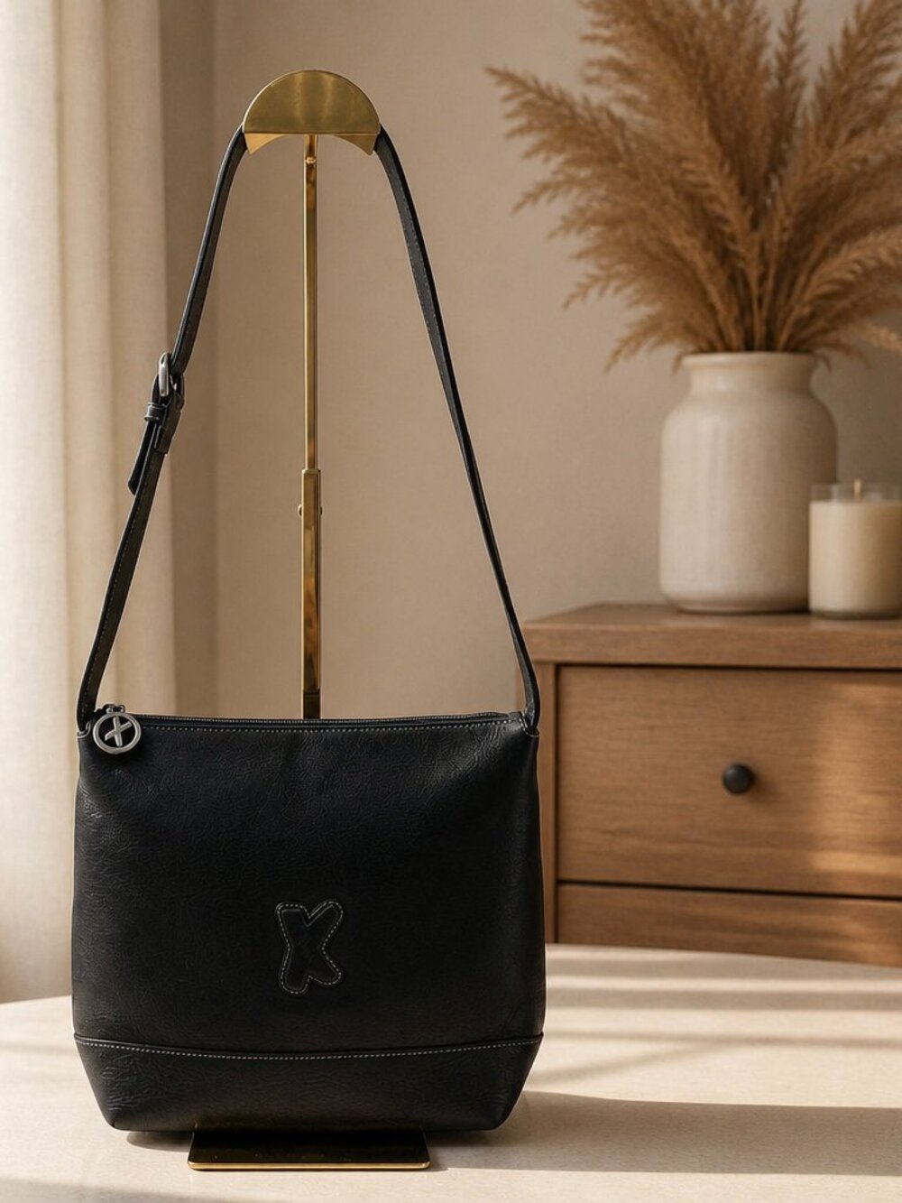 Paloma Picasso (Pablo’s Daughter) 90s Black Leather Shoulder Bag w/ X Charm